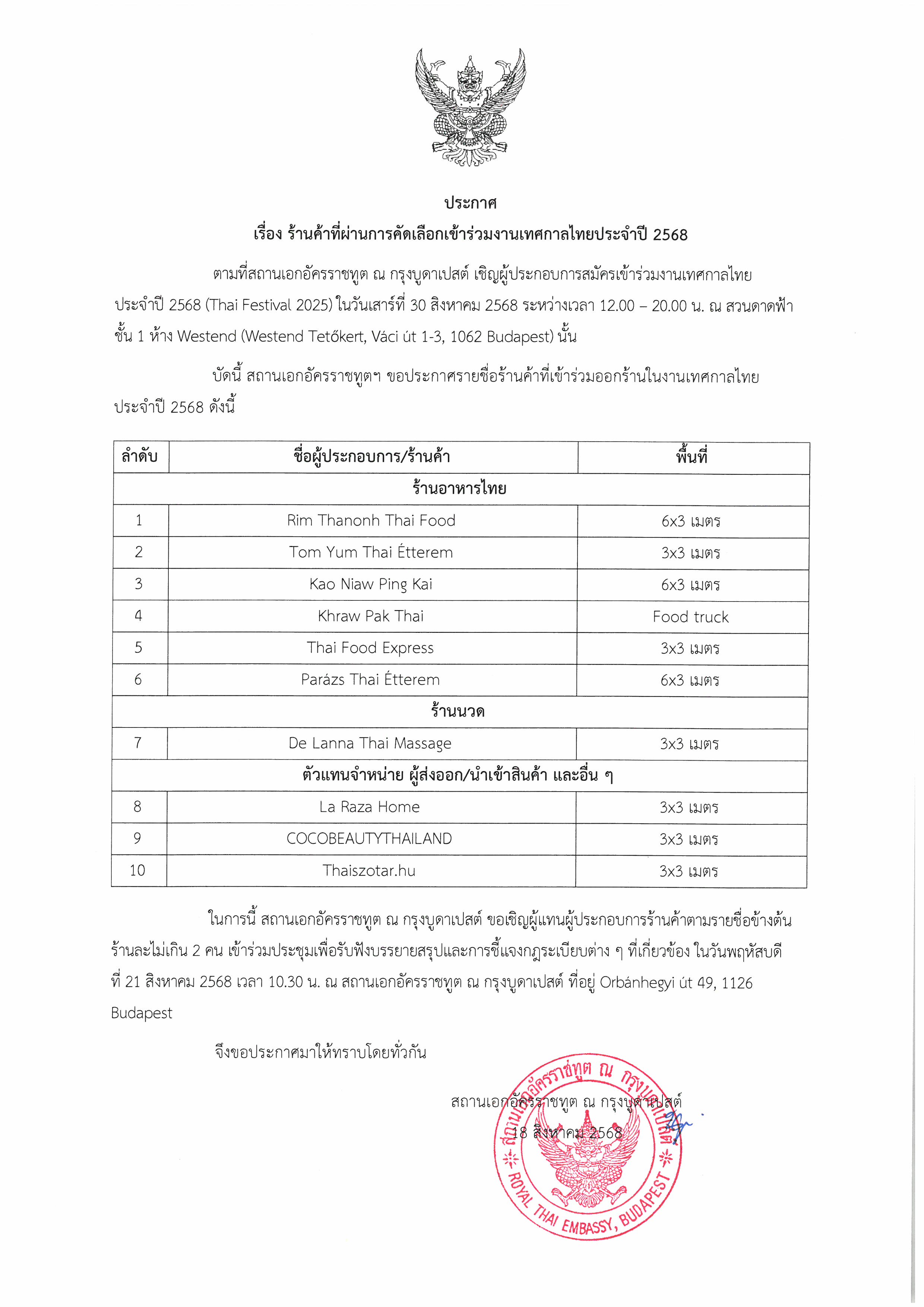 ร้านค้าผ่านการคัดเลือกเข้าร่วมเทศกาลไทย_กรุงบูดาเปสต์_2568