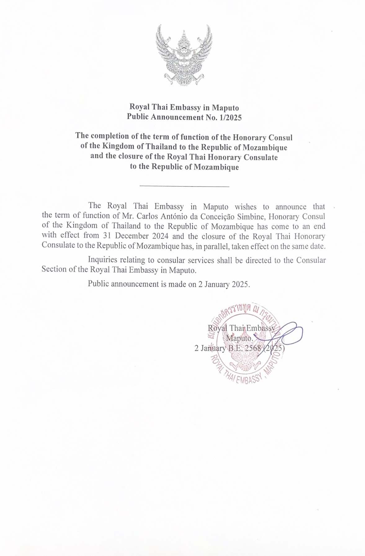 Eng_RTE_Announcement_1-2025_Completion_of_term_of_function_of_TH_Hon_Consul_and_Closure_of_Hon_Consulate