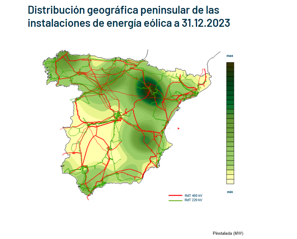 การติดตั้งพลังงานไฟฟ้าจากพลังงานลมในสเปน (ข้อมูล ณ วันที่ 31 ธันวาคม 2566)