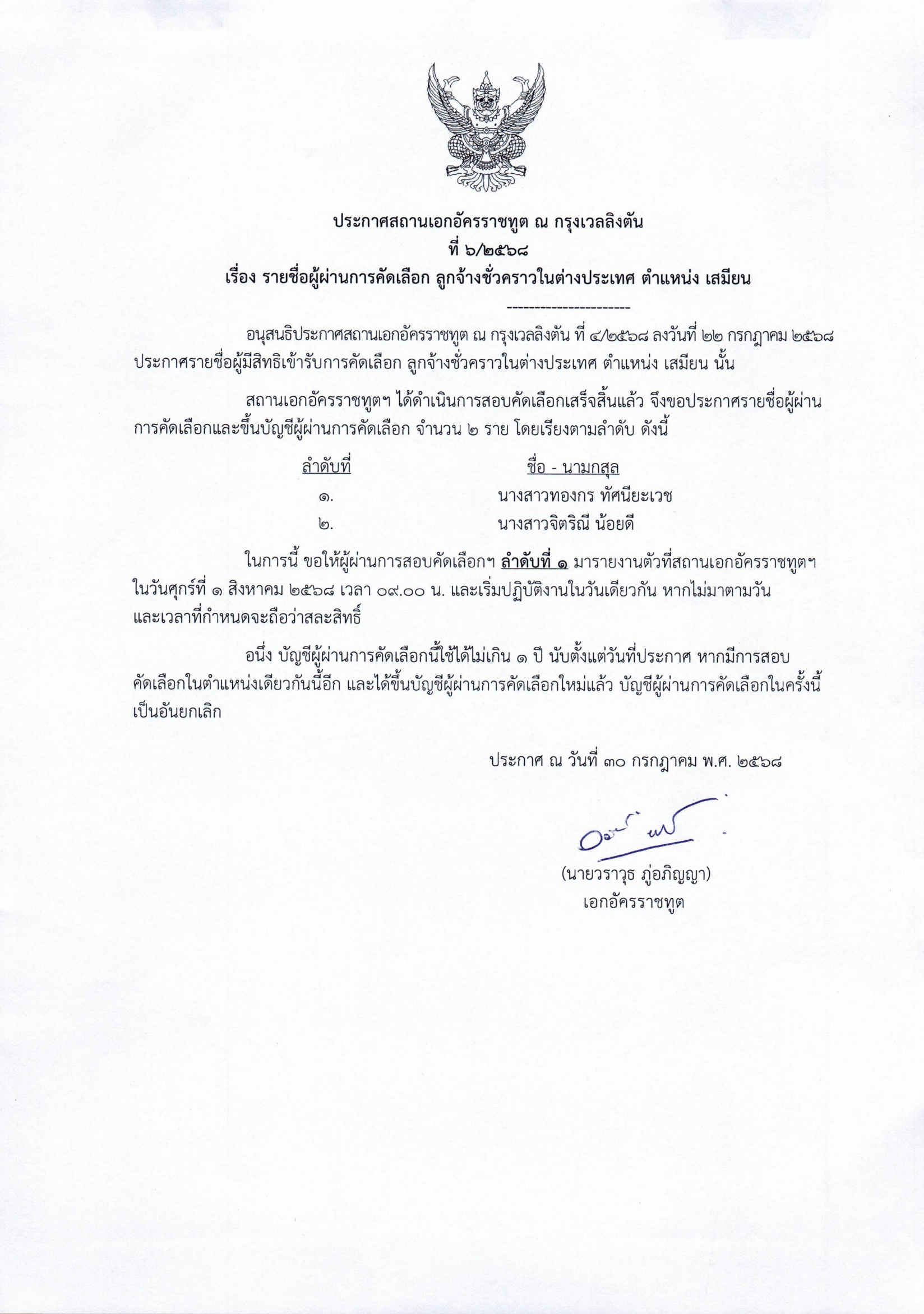 ประกาศ_6-2568_ผู้ผ่านคัดเลือกเสมียน-1