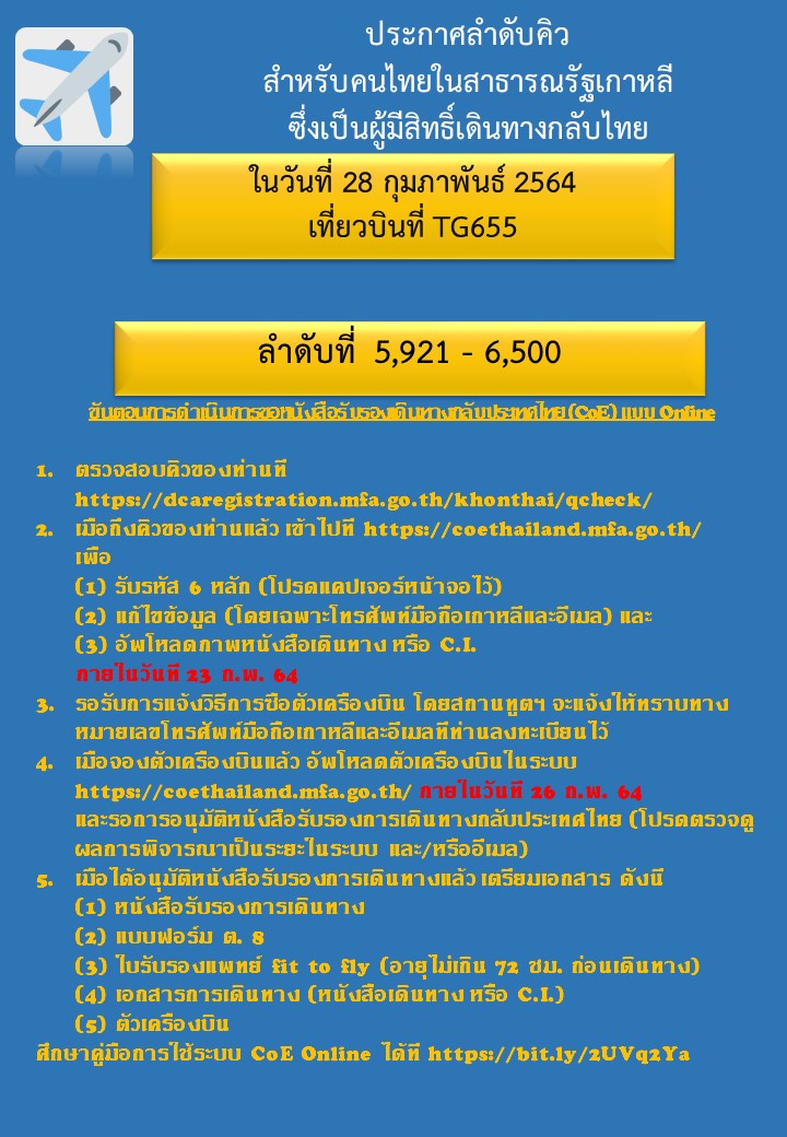 ประกาศลำดับคิวสำหรับผู้มีสิทธิ์เดินทางกลับไทย_28.02.2021
