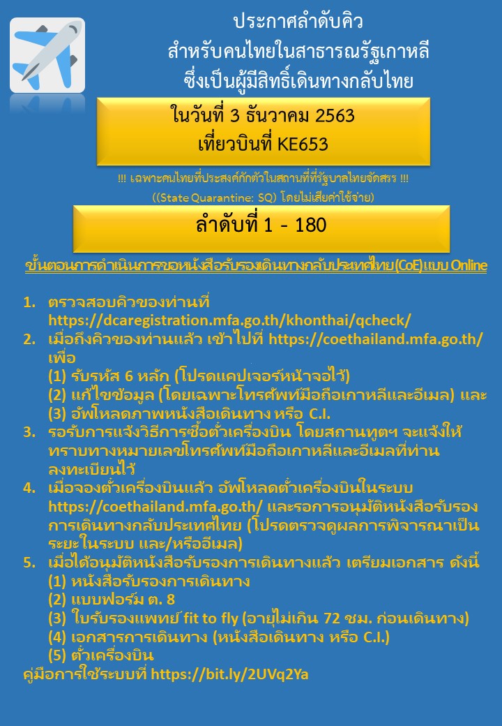 ประกาศลำดับคิวสำหรับผู้มีสิทธิ์เดินทางกลับไทย_3.11.2020