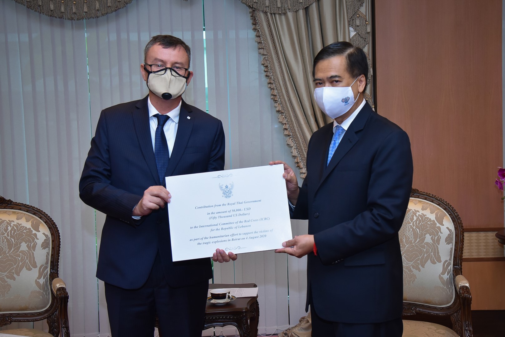The Royal Thai Government gives 50,000 US dollars for humanitarian  assistance activities in Lebanon through the International Committee of the  Red Cross (ICRC) - กระทรวงการต่างประเทศ