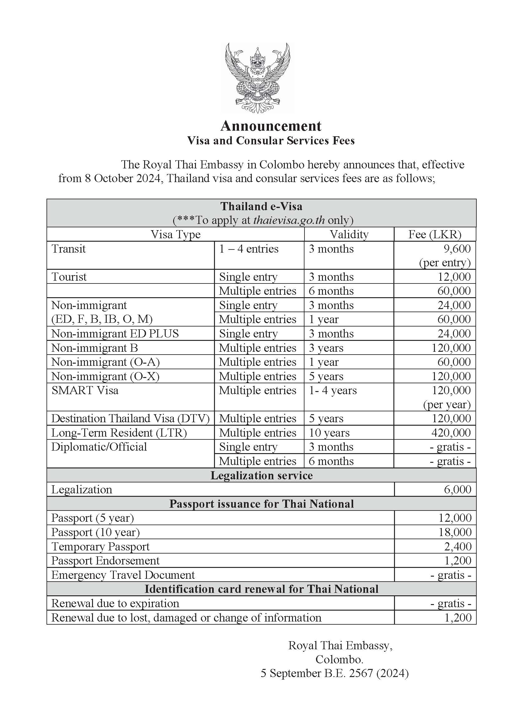 Consular Fees - สถานเอกอัครราชทูต ณ กรุงโคลัมโบ