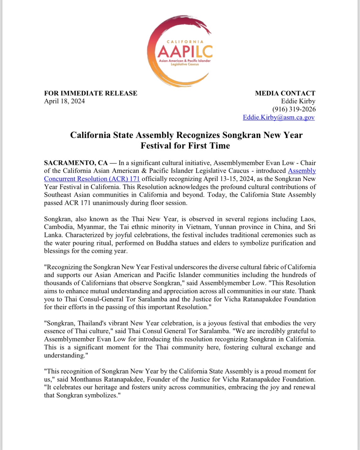 California State Assembly Recognizes Songkran New Year Festival For 