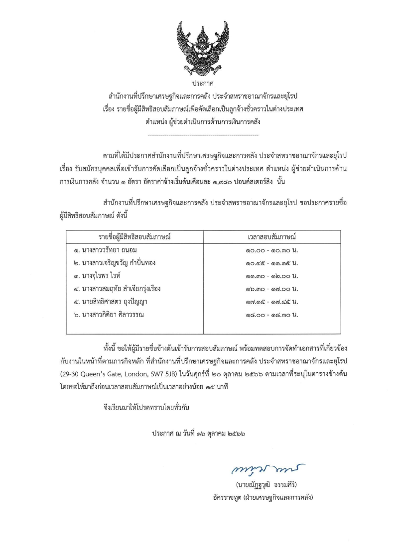 รายชื่อผู้มีสิทธิสอบสัมภาษณ์เพื่อคัดเลือก20ตค66