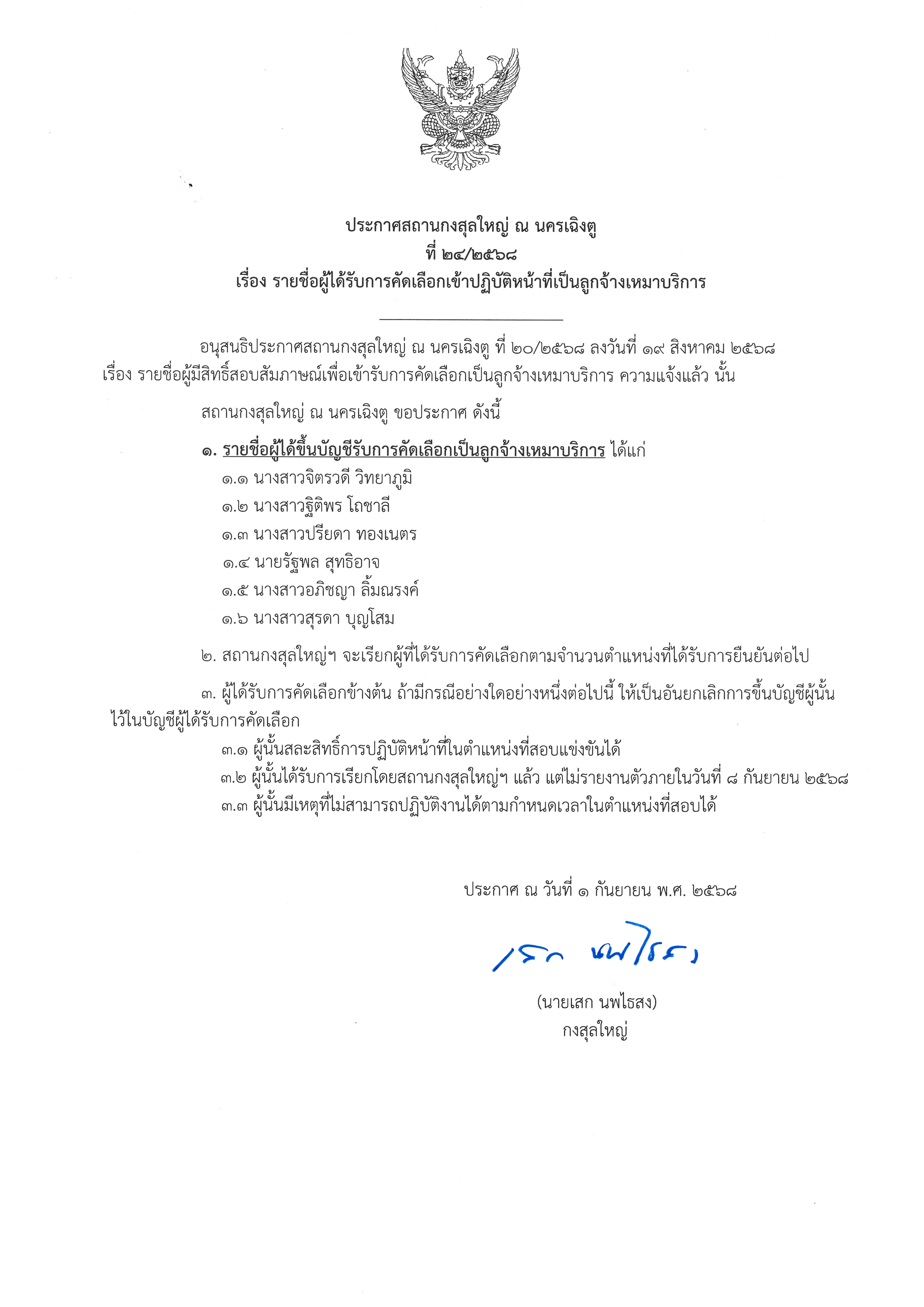 รายชื่อผู้ได้รับการคัดเลือกเข้าปฏิบัติหน้าที่
