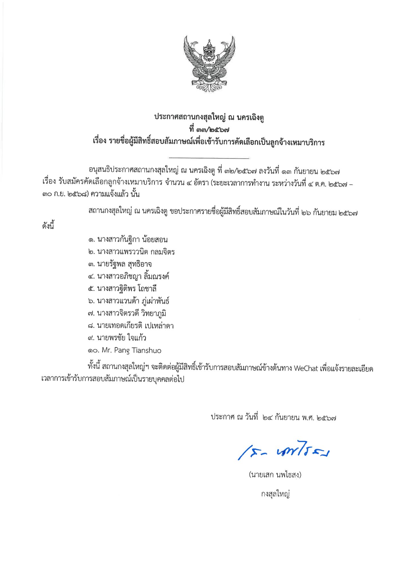 ประกาศรายชื่อผู้มีสิทธฺ์สอบสัมภาษณ์